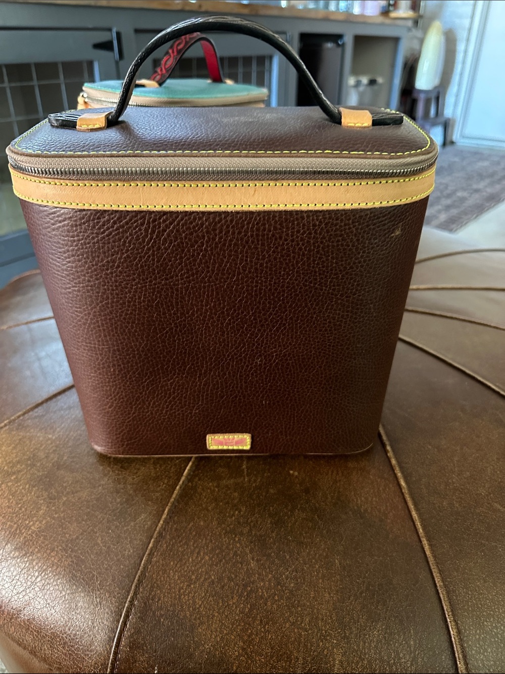 Consuela Brown and Tan Leather Toiletry Case EMBER SLIM TRAIN CASE